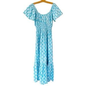 Pink City Prints • Aqua Floral Shirred Midi Dress NWOT